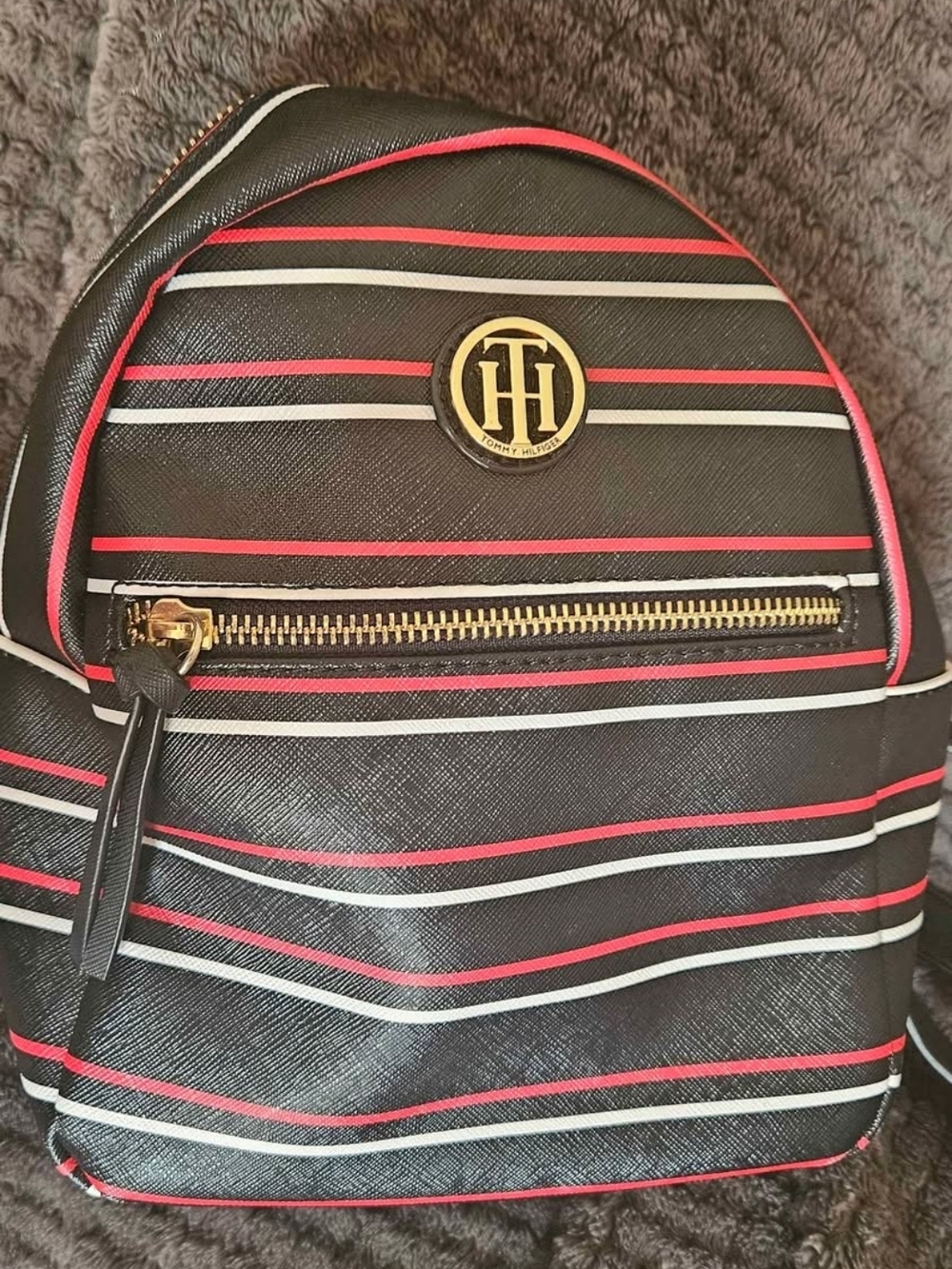 Tommy Hilfiger Black Backpack with Red and White Stripes